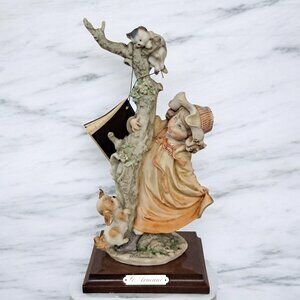 Giuseppe Armani Girl with Dog Chasing Cat up Tree Figurine Italy 11.75" Signed